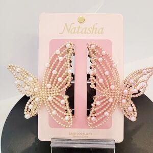 Natasha Pink and Cream Beaded Butterfly Claw Hair Clips
